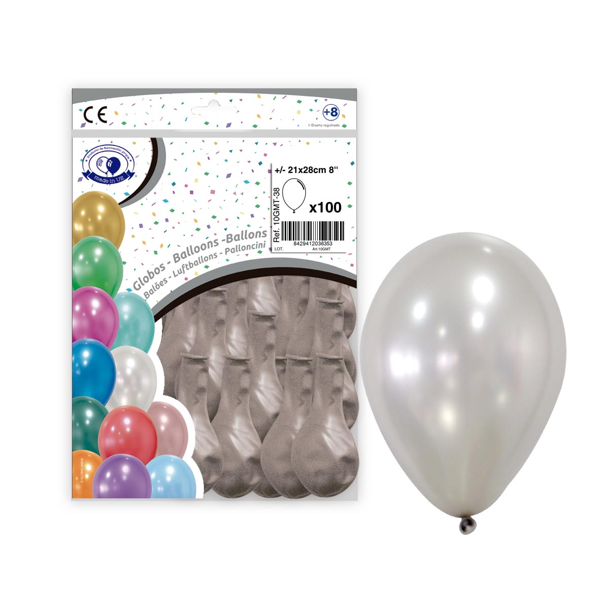 Globo látex metalizado plata 8" - Bolsa 100 unidades