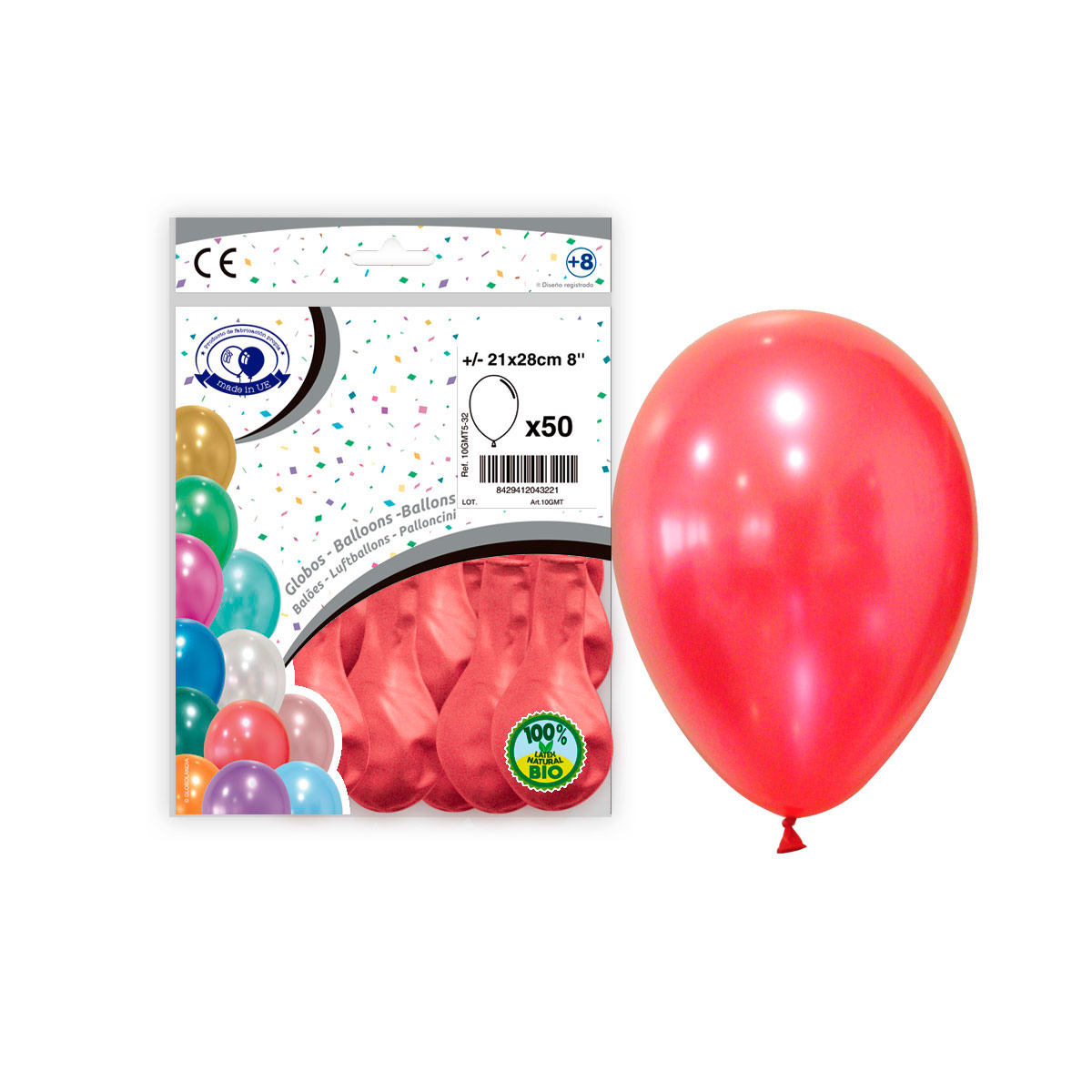 Globo látex metalizado rojo 8" (21x28 cm) - Bolsa 50