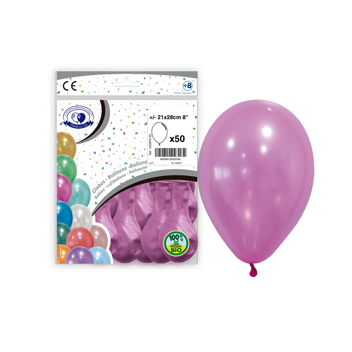 Globos metalizados rosa 8" (21x28 cm) — Bolsa 50