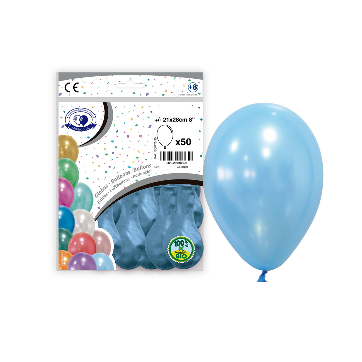 Globos de látex metalizados celeste 8'' (21x28 cm) – Bolsa de 50