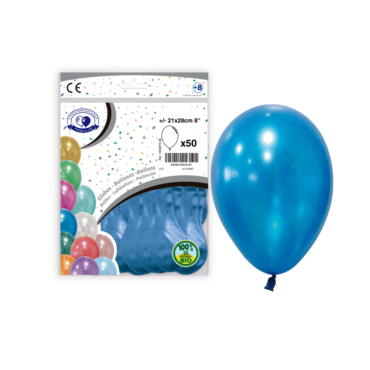 Globos metalizados azul 8" (21x28 cm) — Bolsa de 50