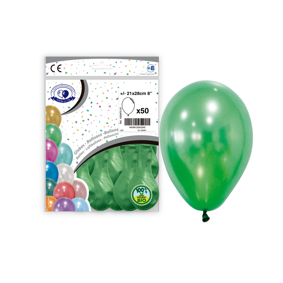 Globos metalizados verdes 8" (21x28 cm) – Bolsa de 50
