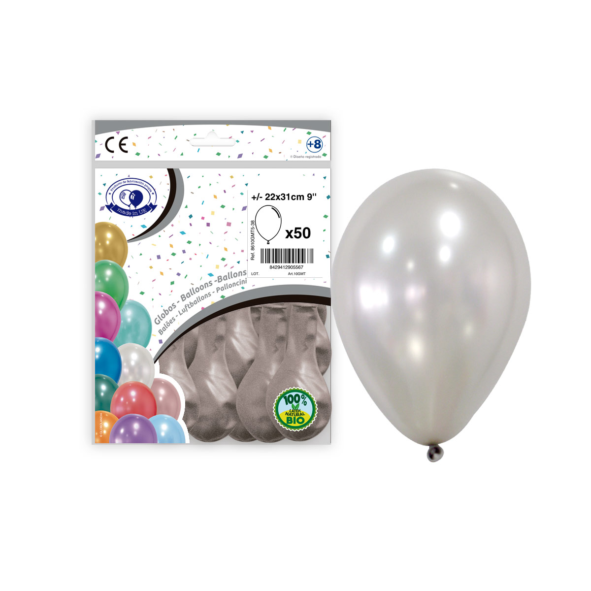 Globos metalizados plata 9" (22x31 cm) – Bolsa de 50