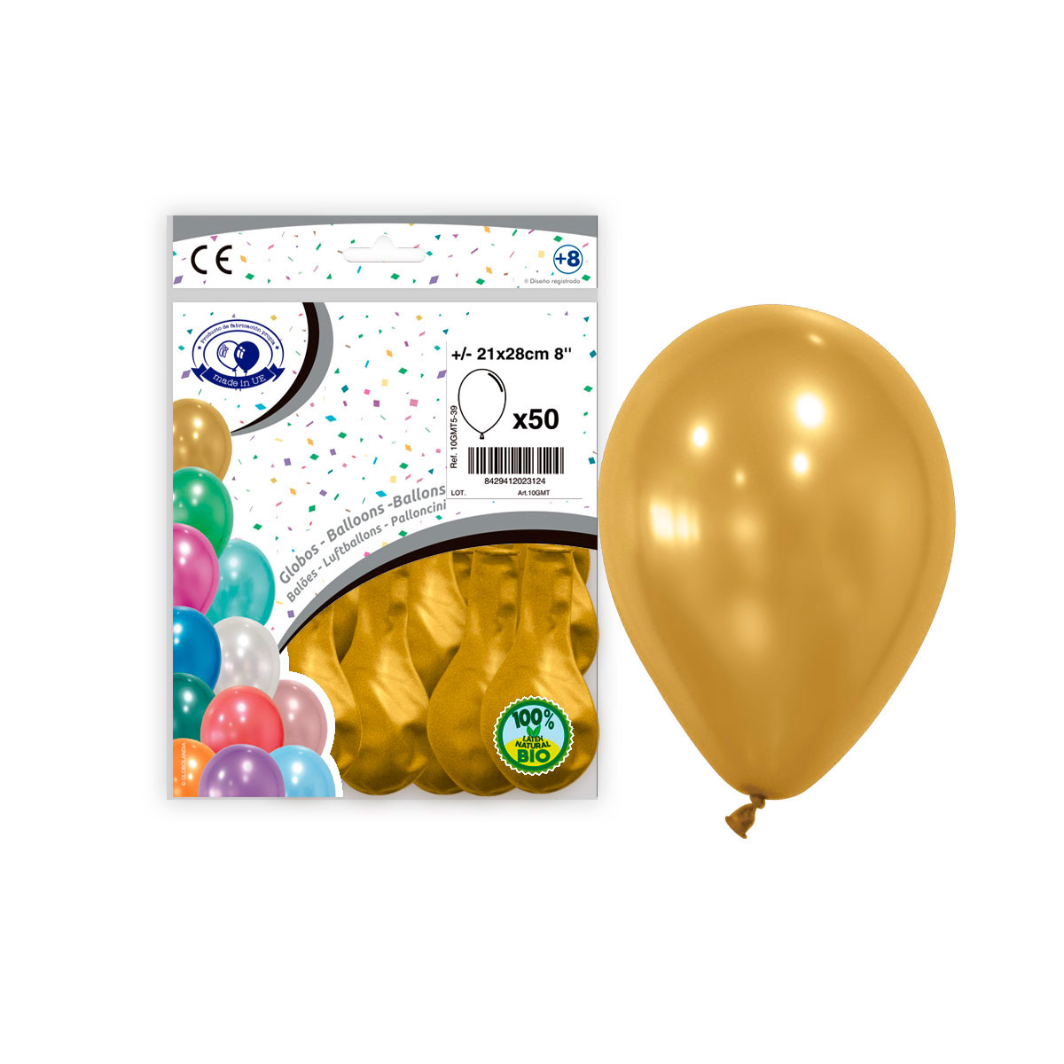 Globo látex metalizado oro 8'' (21x28 cm) – Bolsa 50