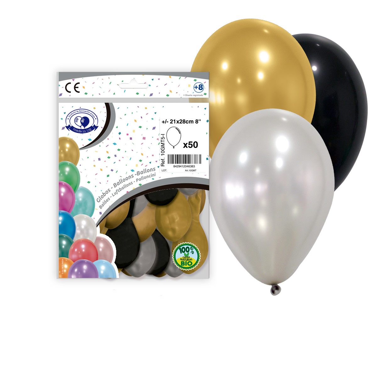 Globos metalizados 8" mix plata, oro y negro - Bolsa 50