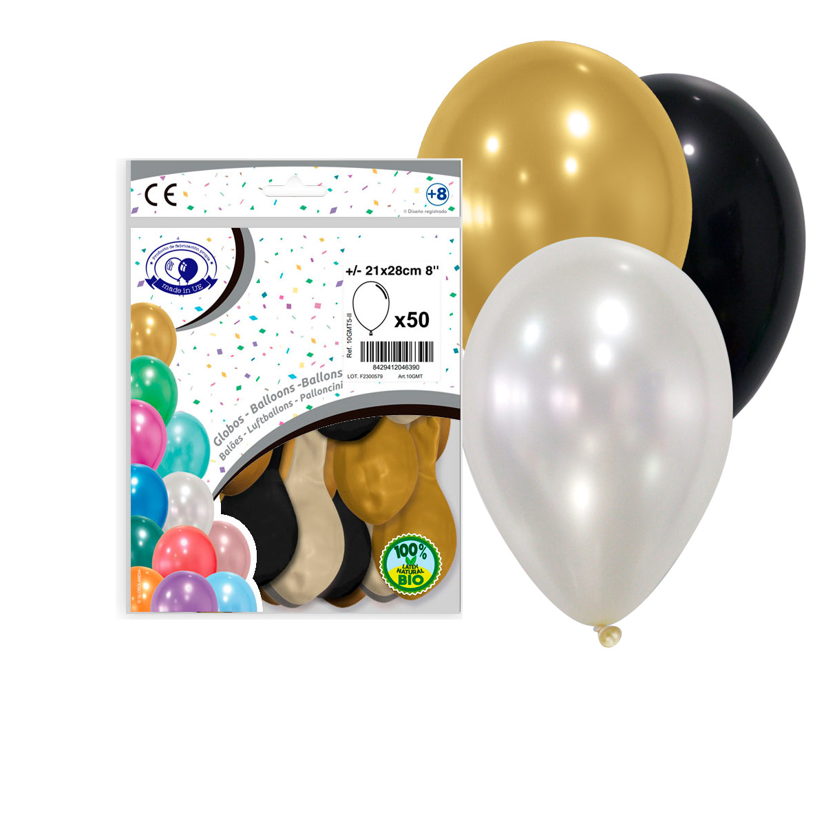 Globos metalizados 8" mix perla, oro y negro - Bolsa de 50