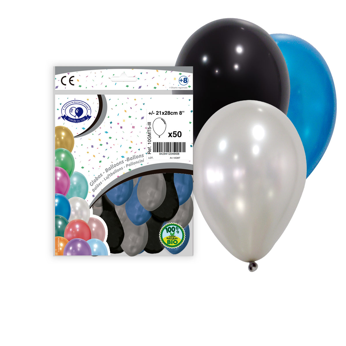 Globos metalizados surtidos plata, azul y negro 8" - Bolsa 50