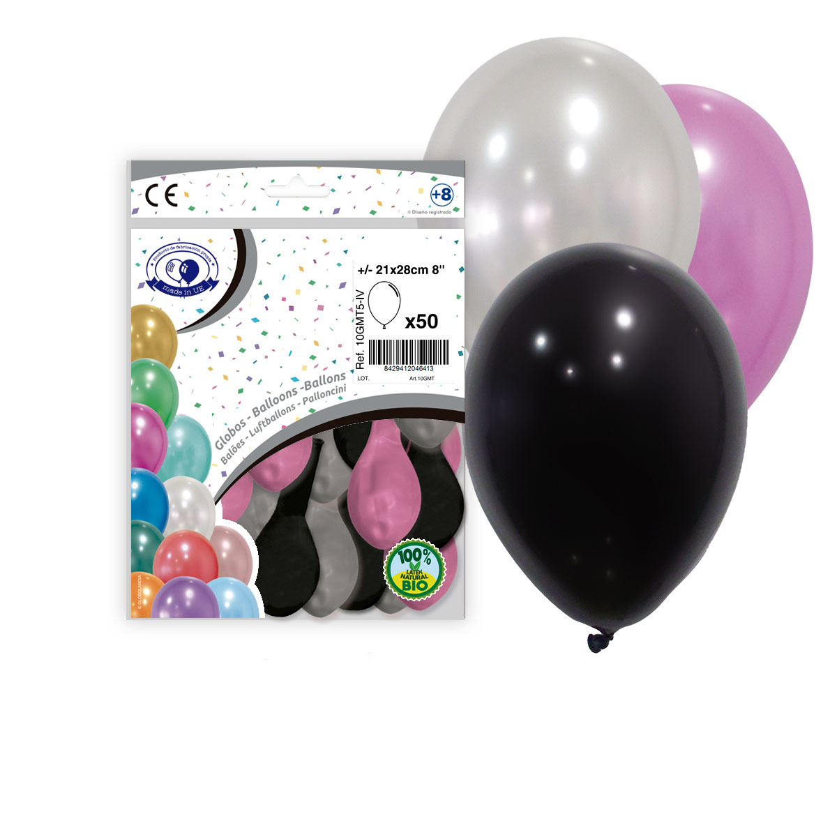 Globos metalizados 8" mix plata, rosa y negro - Bolsa 50