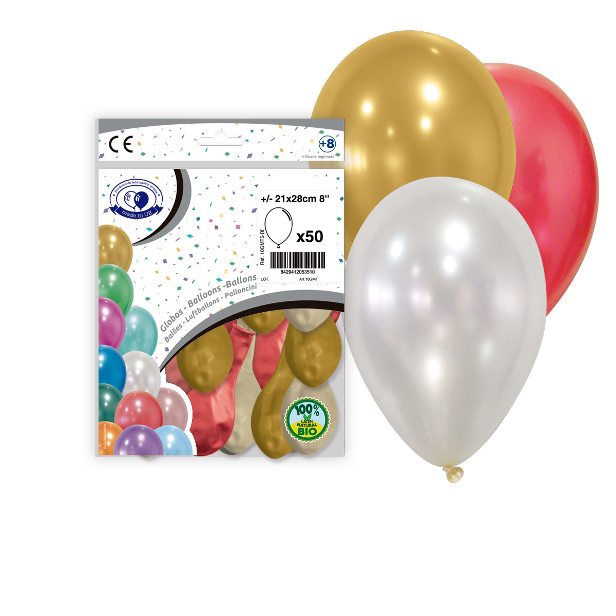 Globos metalizados 21x28 cm mix oro, perla y rojo – Bolsa 50