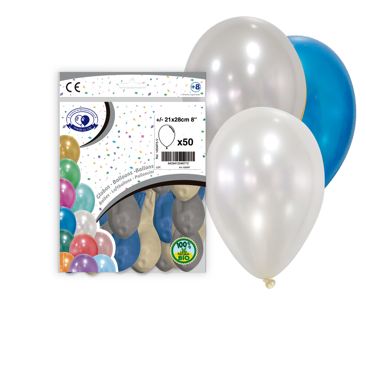 Globos látex metalizados 8" mix plata, perla y azul – Bolsa 50