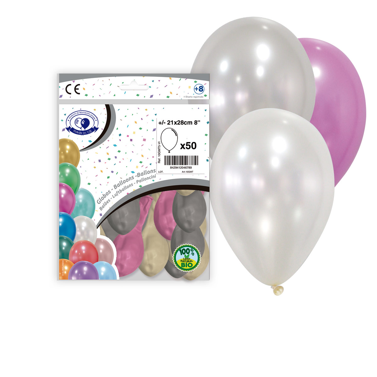 Globos metalizados 8" mix plata, perla y rosa - Bolsa 50
