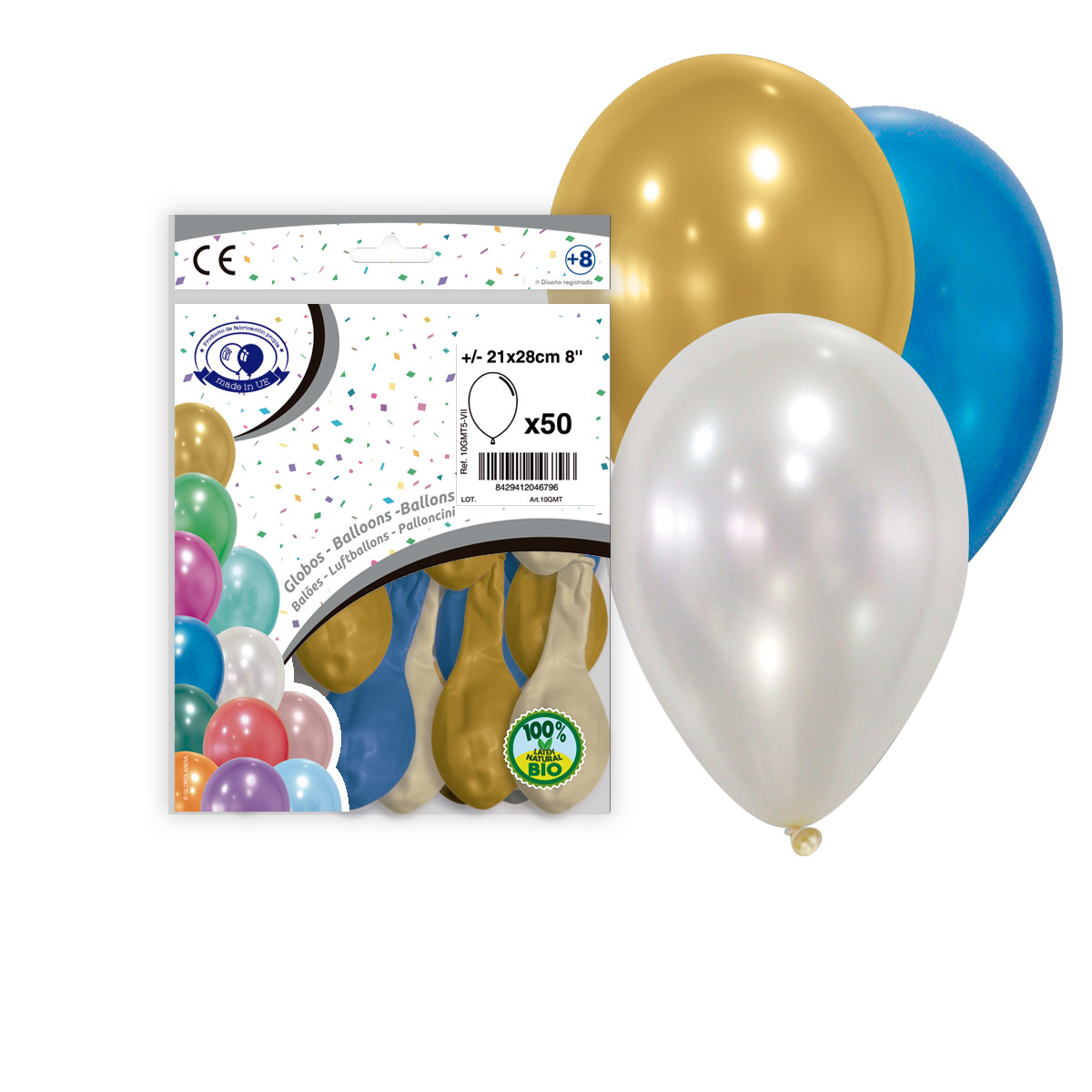 Globos de látex metalizados 8″ Mix VII oro, perla y azul – Bolsa de 50