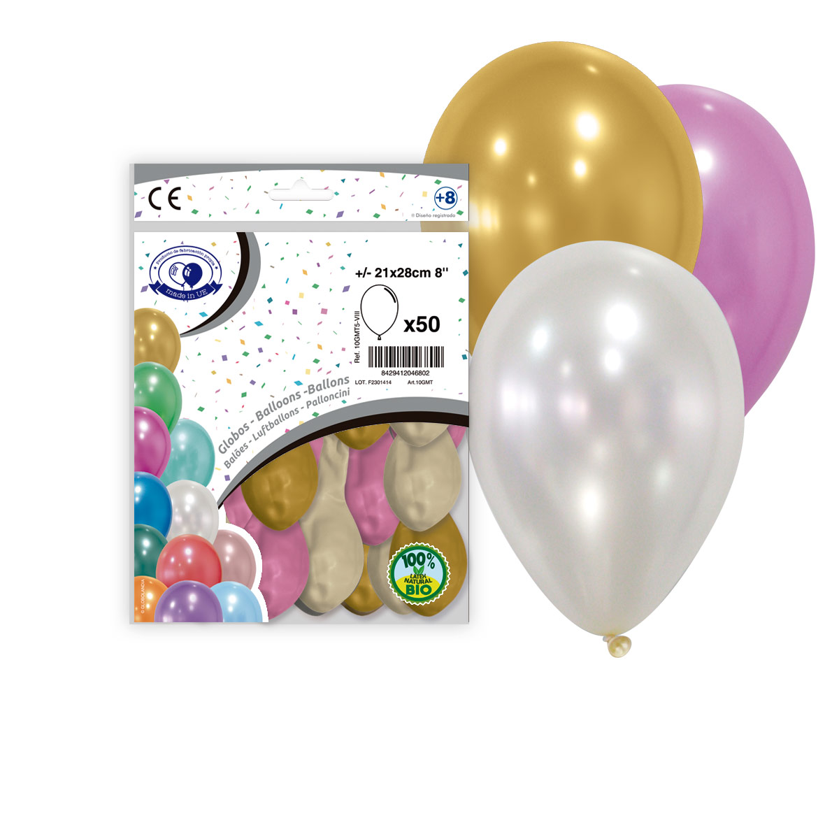 Bolsa 50 globos metalizados 8'' mix oro, perla y rosa