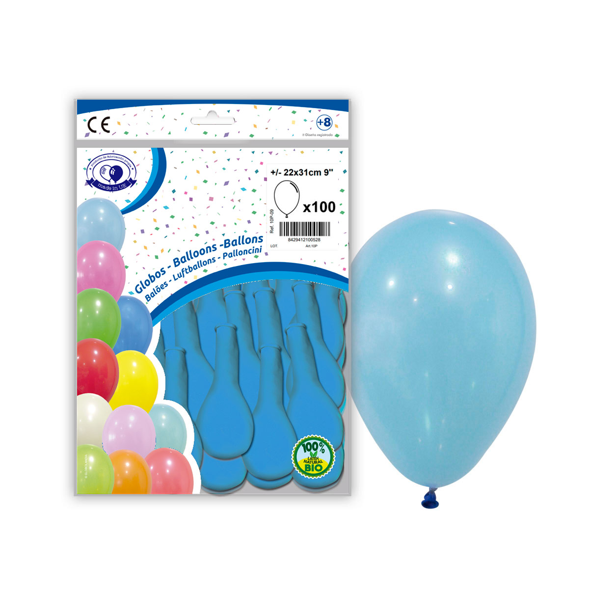 Globos de látex 9" (22x31 cm) pastel celeste - Bolsa de 100