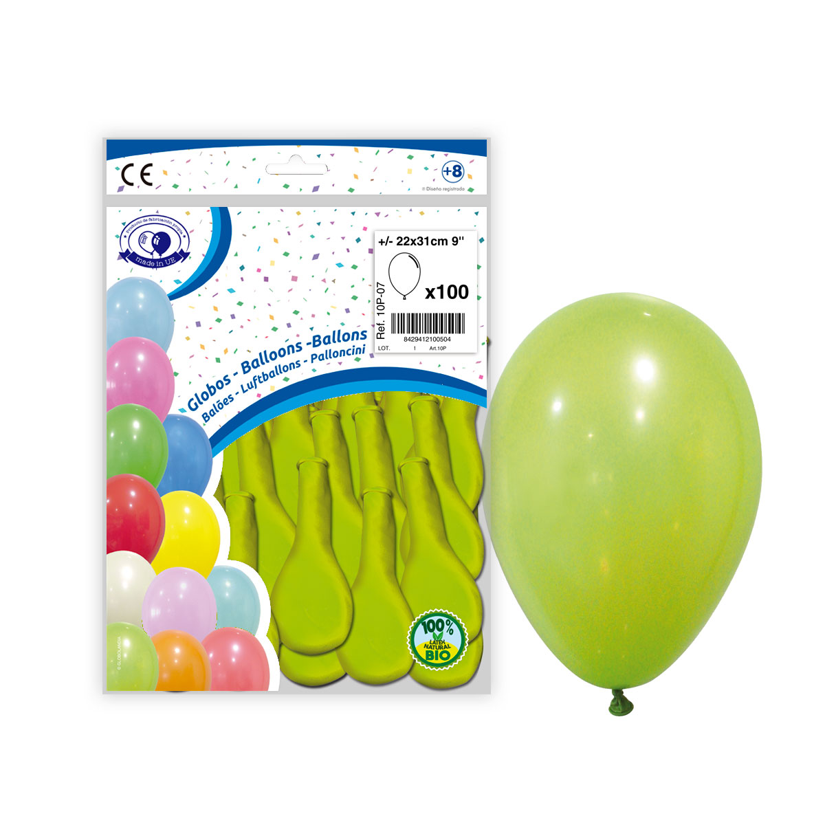 Globo látex verde pastel 9" liso — bolsa de 100
