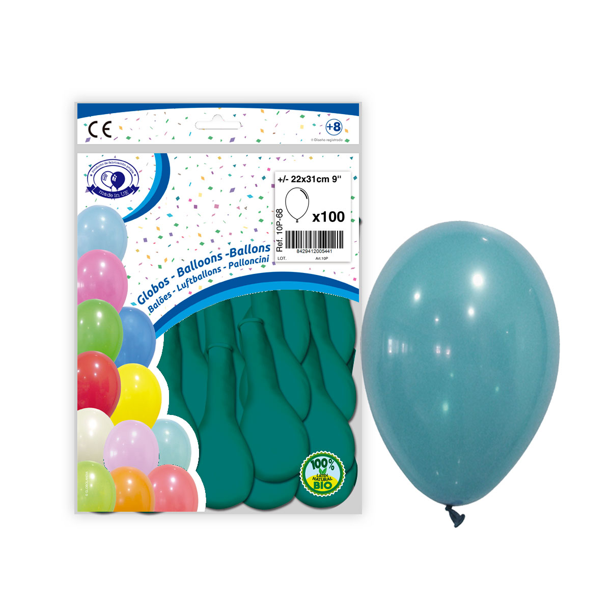 Globos látex turquesa pastel 9" - Bolsa 100 uds.