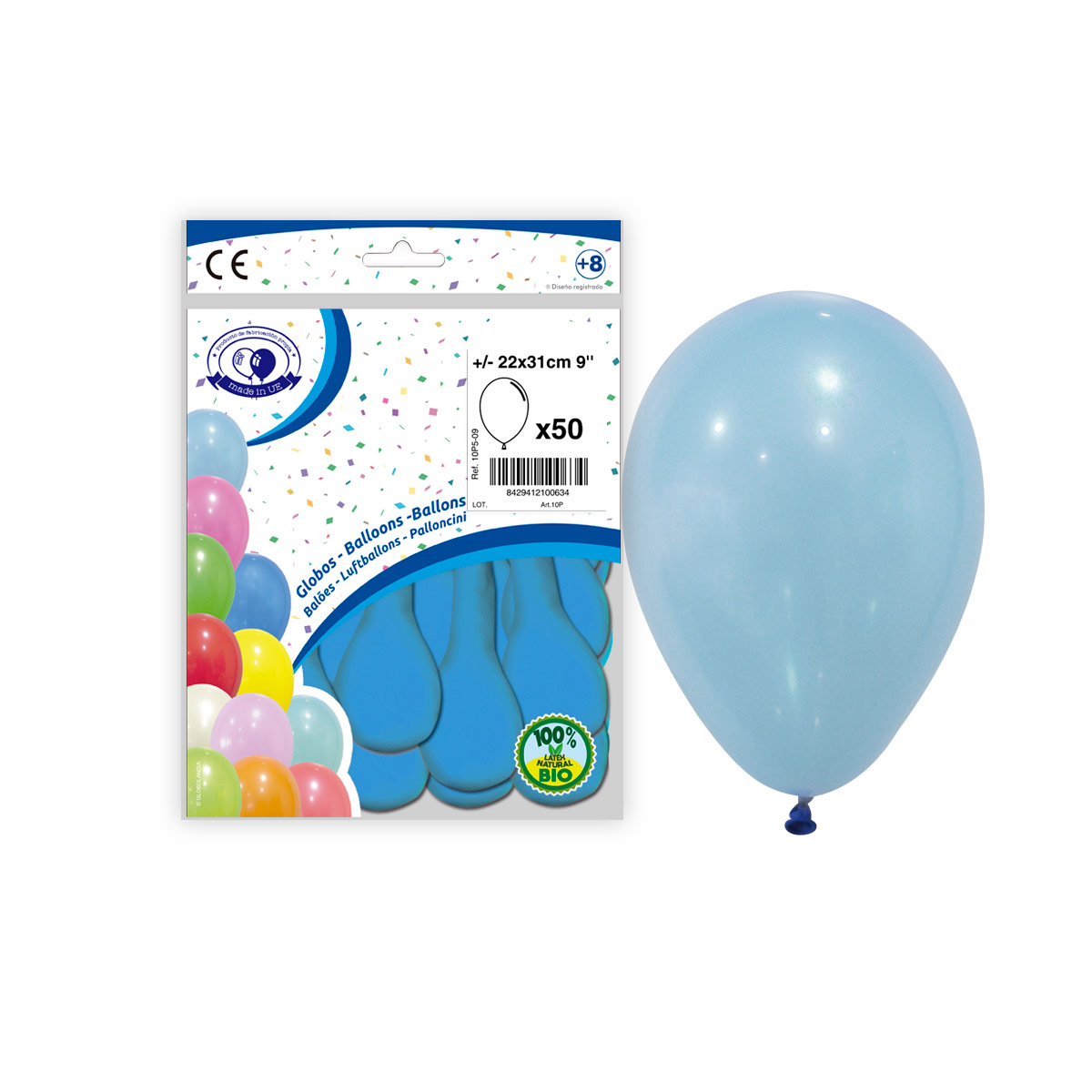 Globo látex 9" liso celeste pastel - Bolsa 50