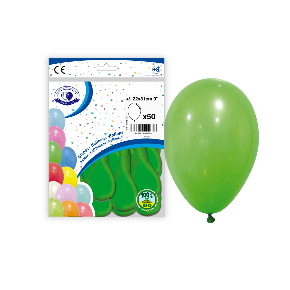 Globos verdes de látex 9" pastel - Bolsa 50 unidades