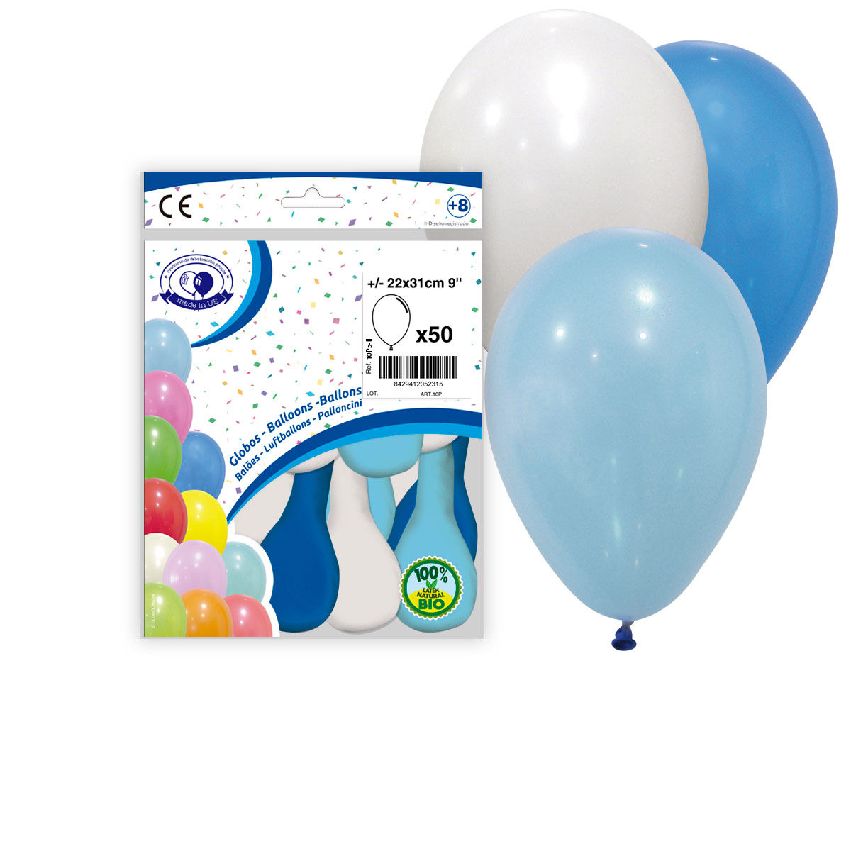 Globos látex pastel 10" mix celeste, azul y blanco – Bolsa 50