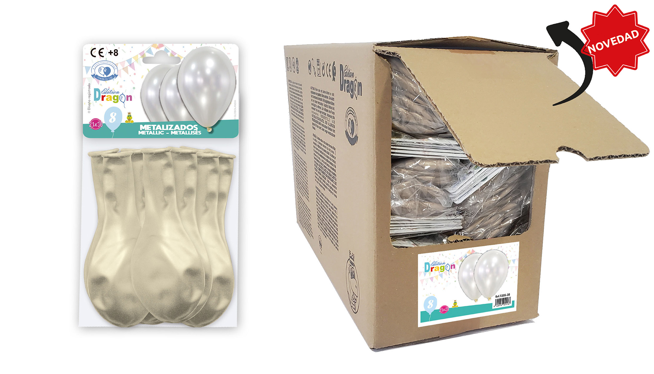Globos metalizados perla 28 cm - Bolsas de 8 en caja abrefácil