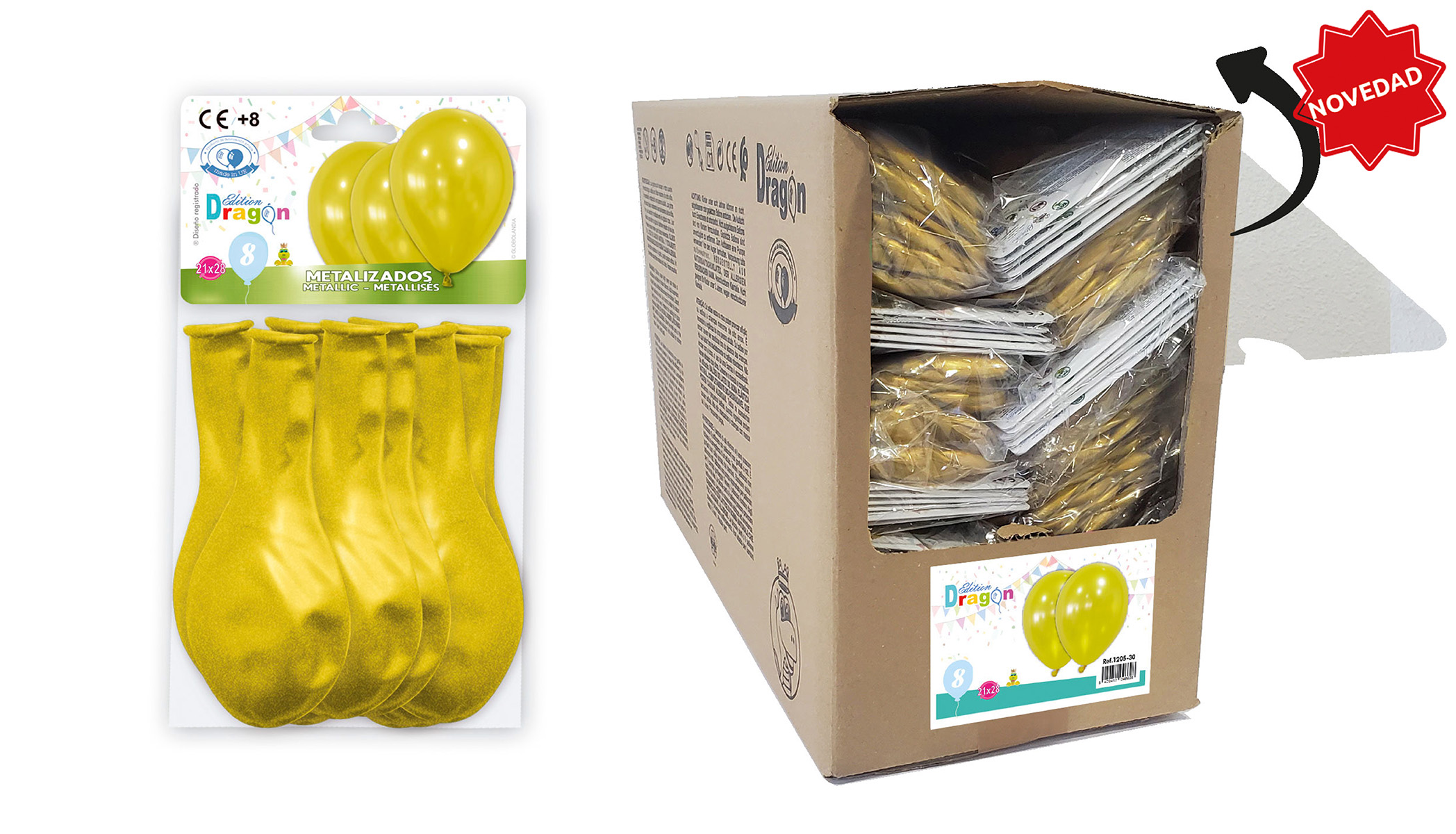 Globos metalizados amarillos 21x28, bolsa de 8 – caja abrefácil