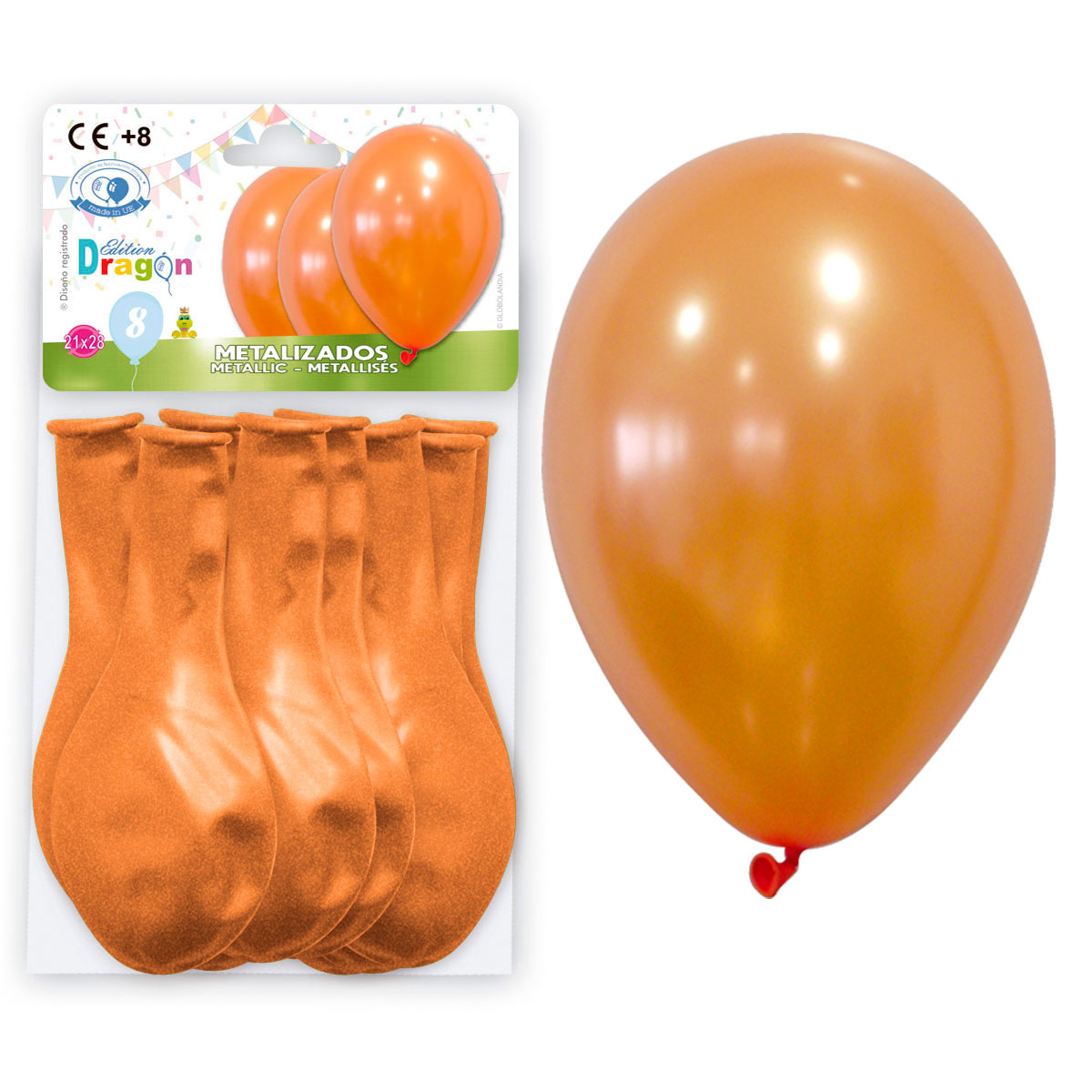 Globos metalizados naranja 10" - Blíster 8 unidades