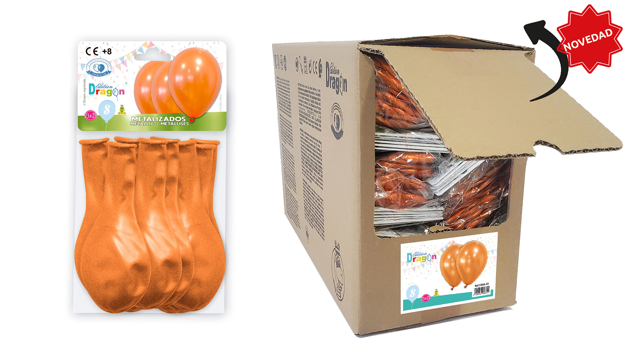 Globos metalizados naranja 21x28 cm - bolsa de 8 en caja abrefácil