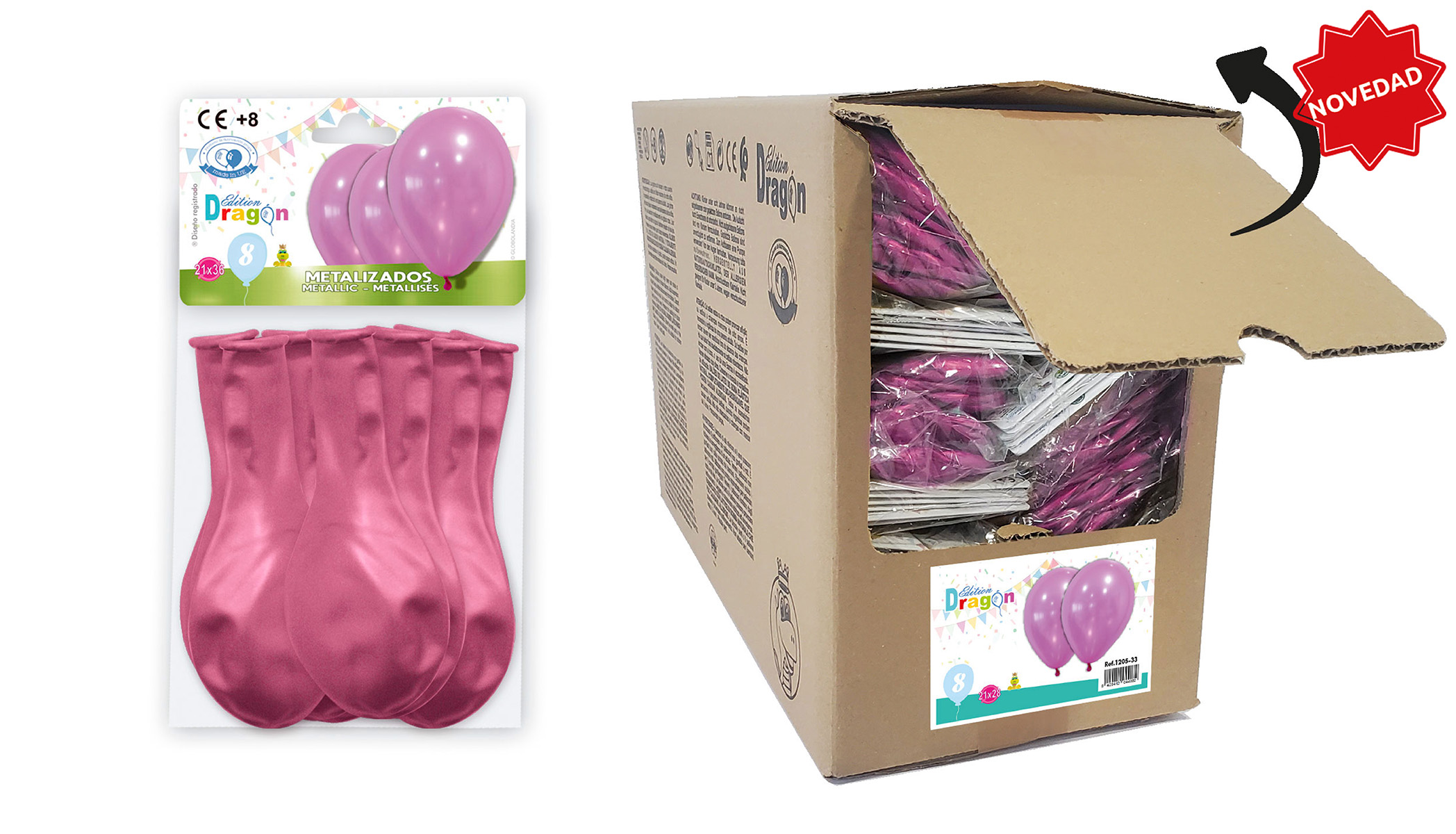 Globos metalizados rosa 10" – Bolsa de 8 en caja abrefácil