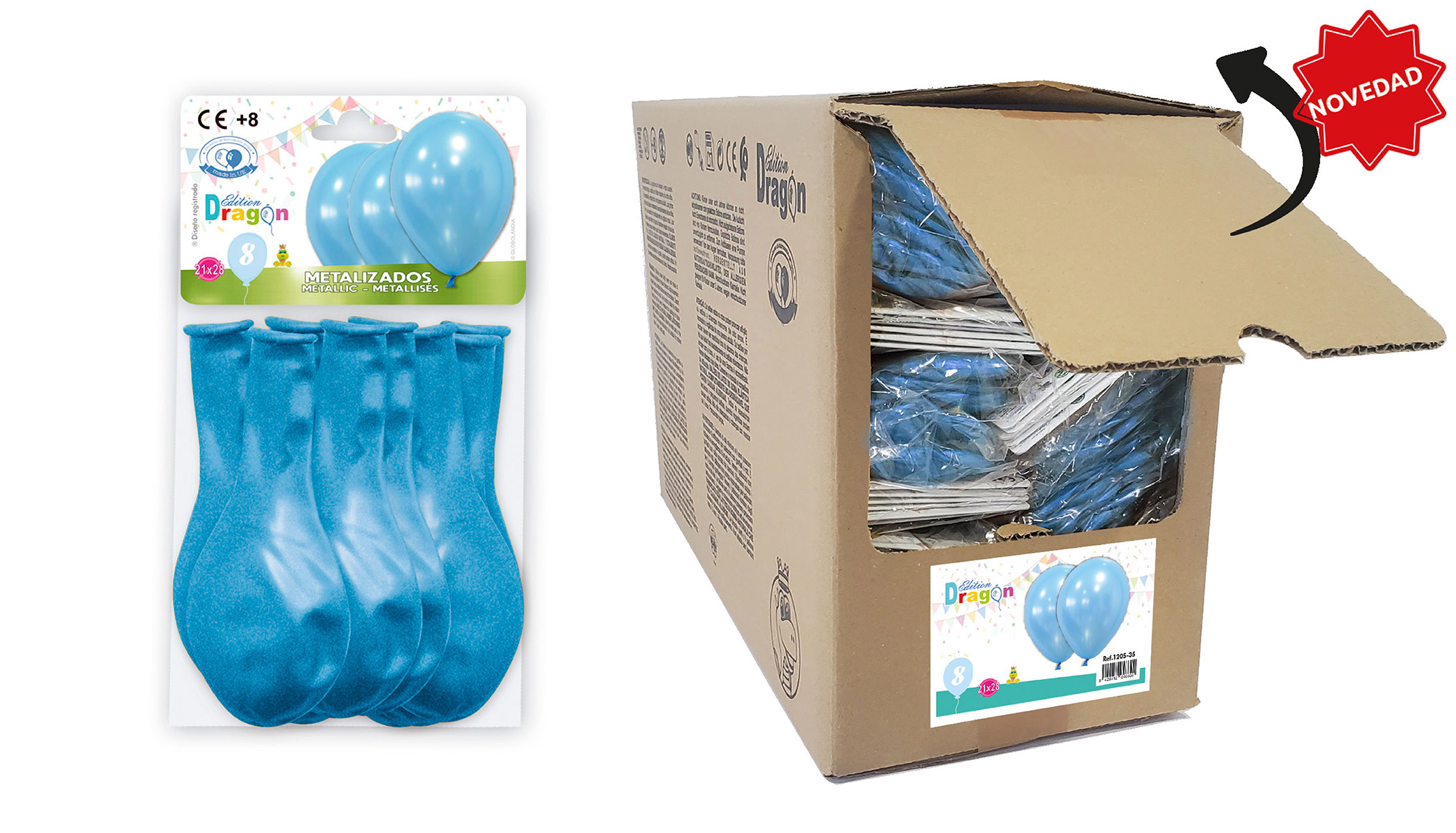 Globos metalizados celeste 10" - Bolsa de 8 en caja abre fácil