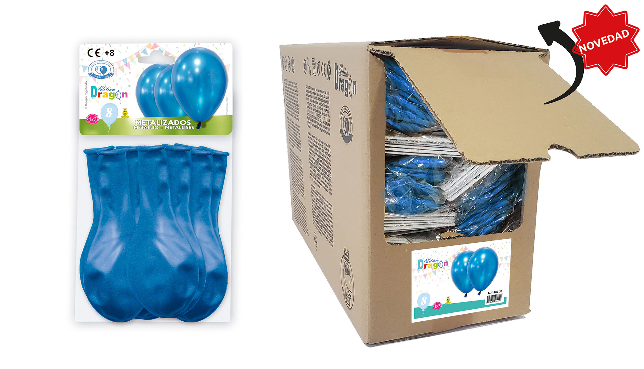 Globos metalizados azul 10" en bolsa de 8 y caja abrefácil