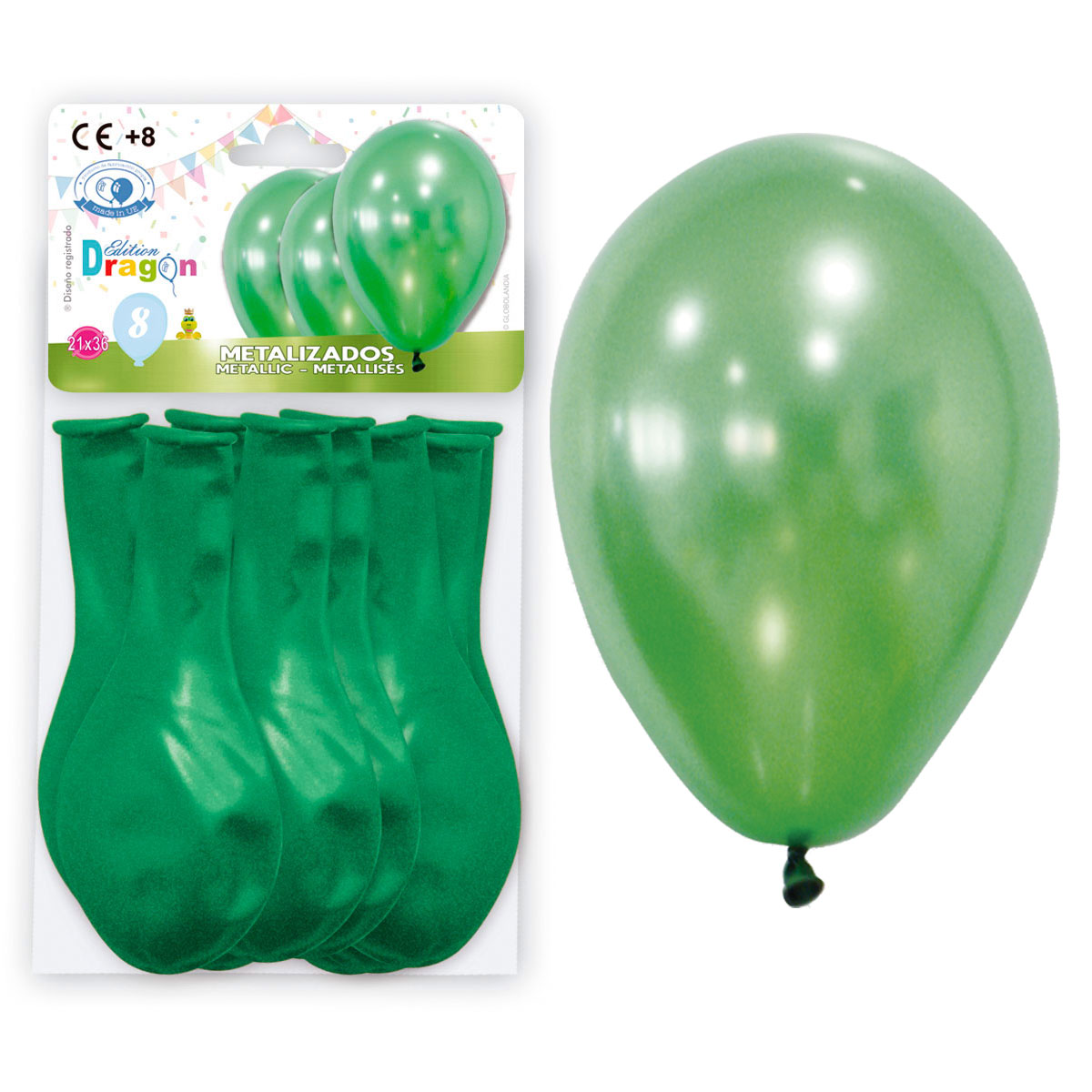 Globos metalizados verdes 10" - Bolsa de 8 con solapa