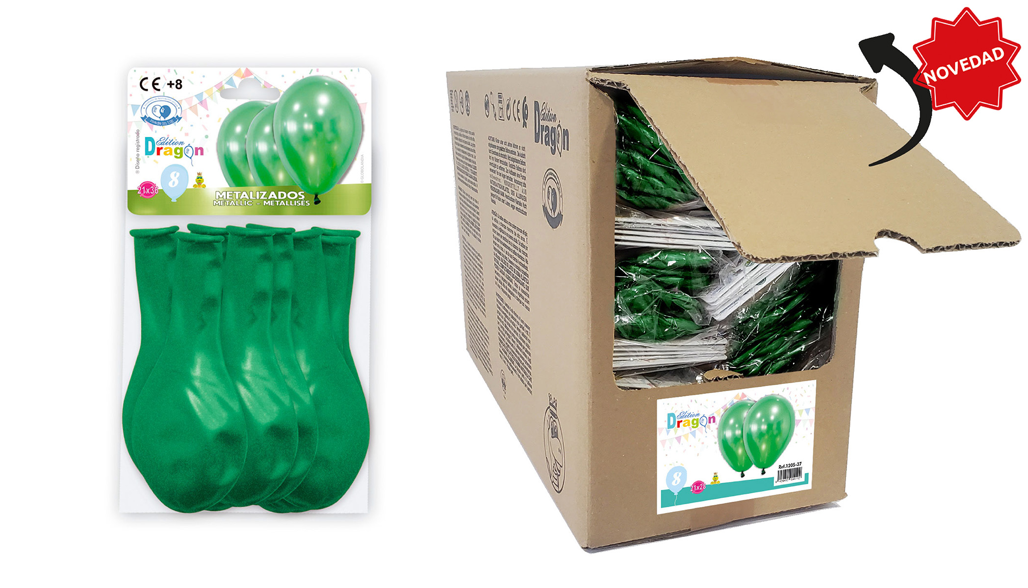 Globos metalizados verdes 10" - Bolsa de 8 en caja abrefácil
