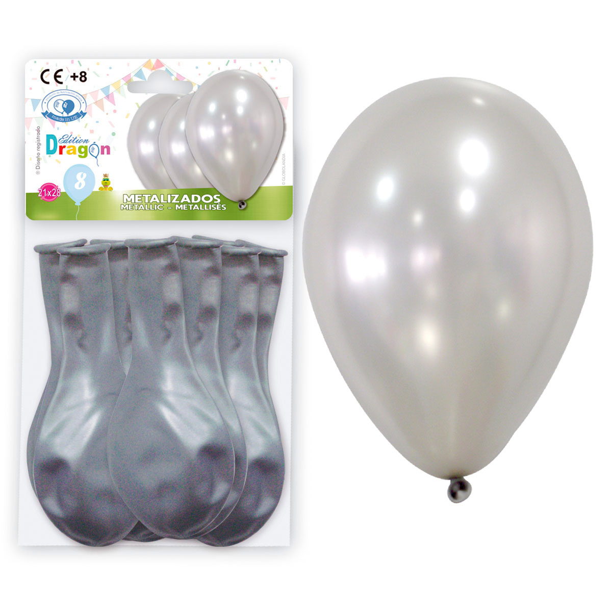 Globos metalizados plata 10" – blíster de 8 unidades
