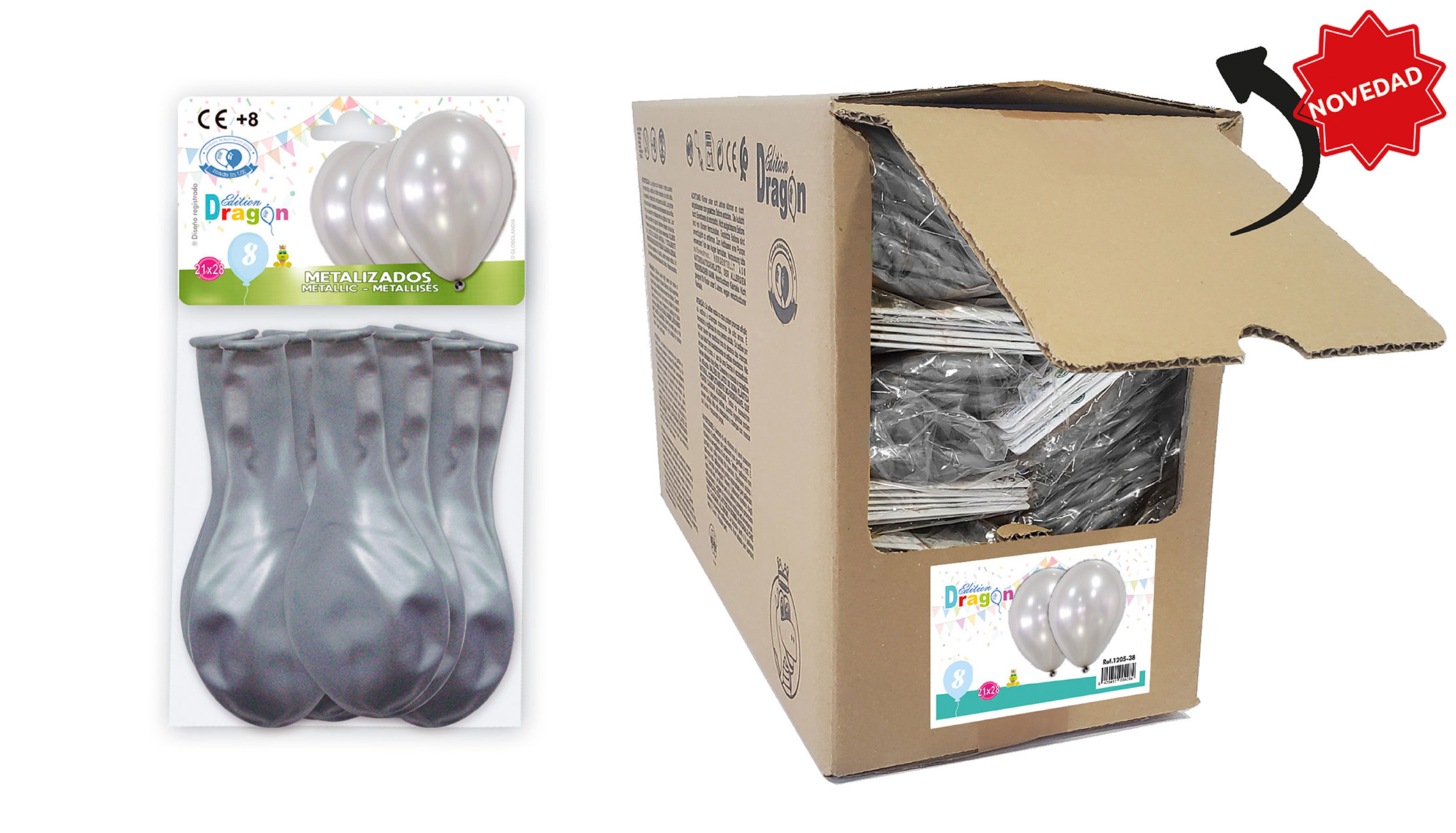 Globos metalizados plata 10 pulgadas - bolsa de 8 en caja abrefácil