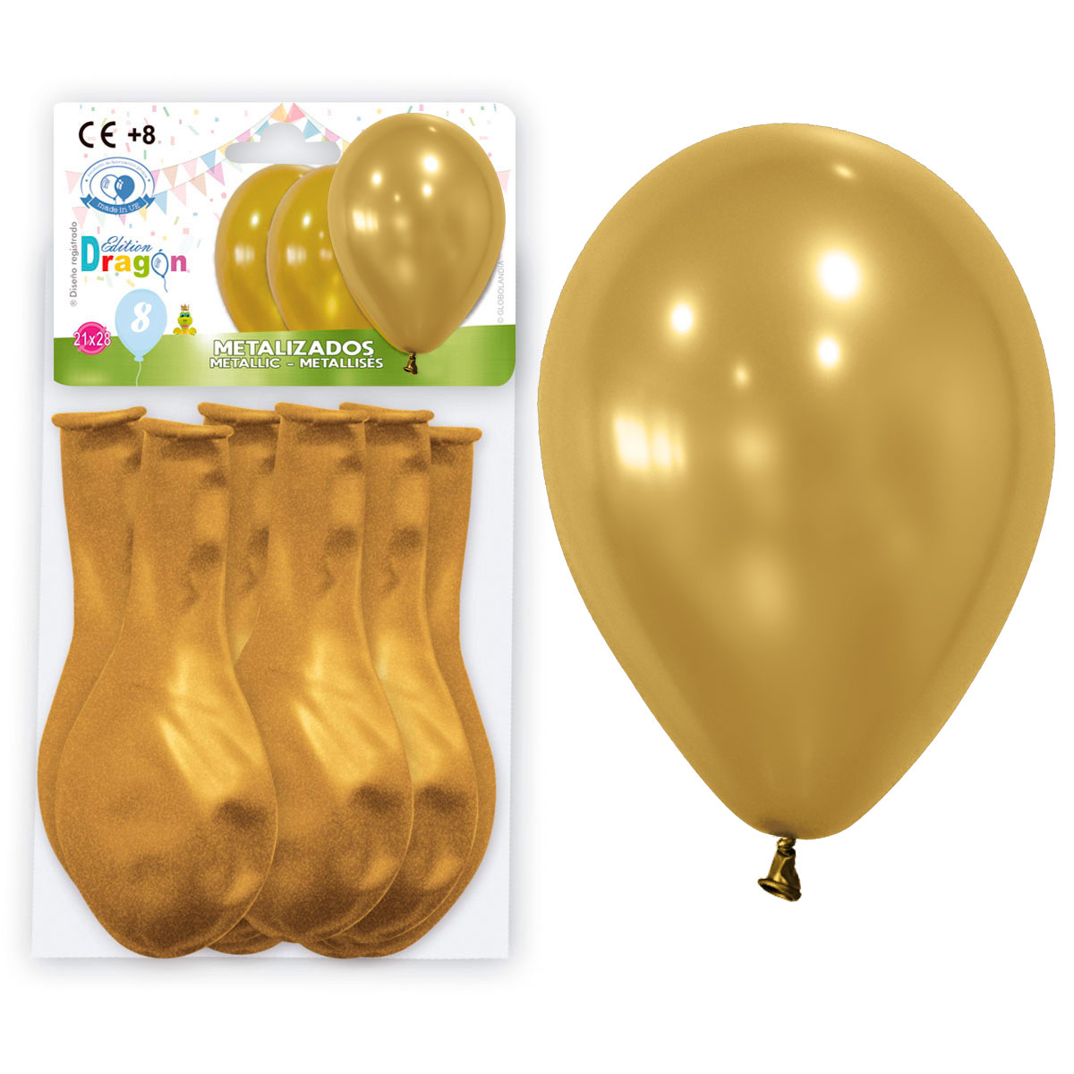Globos metalizados oro 10" - bolsa de 8 con solapa