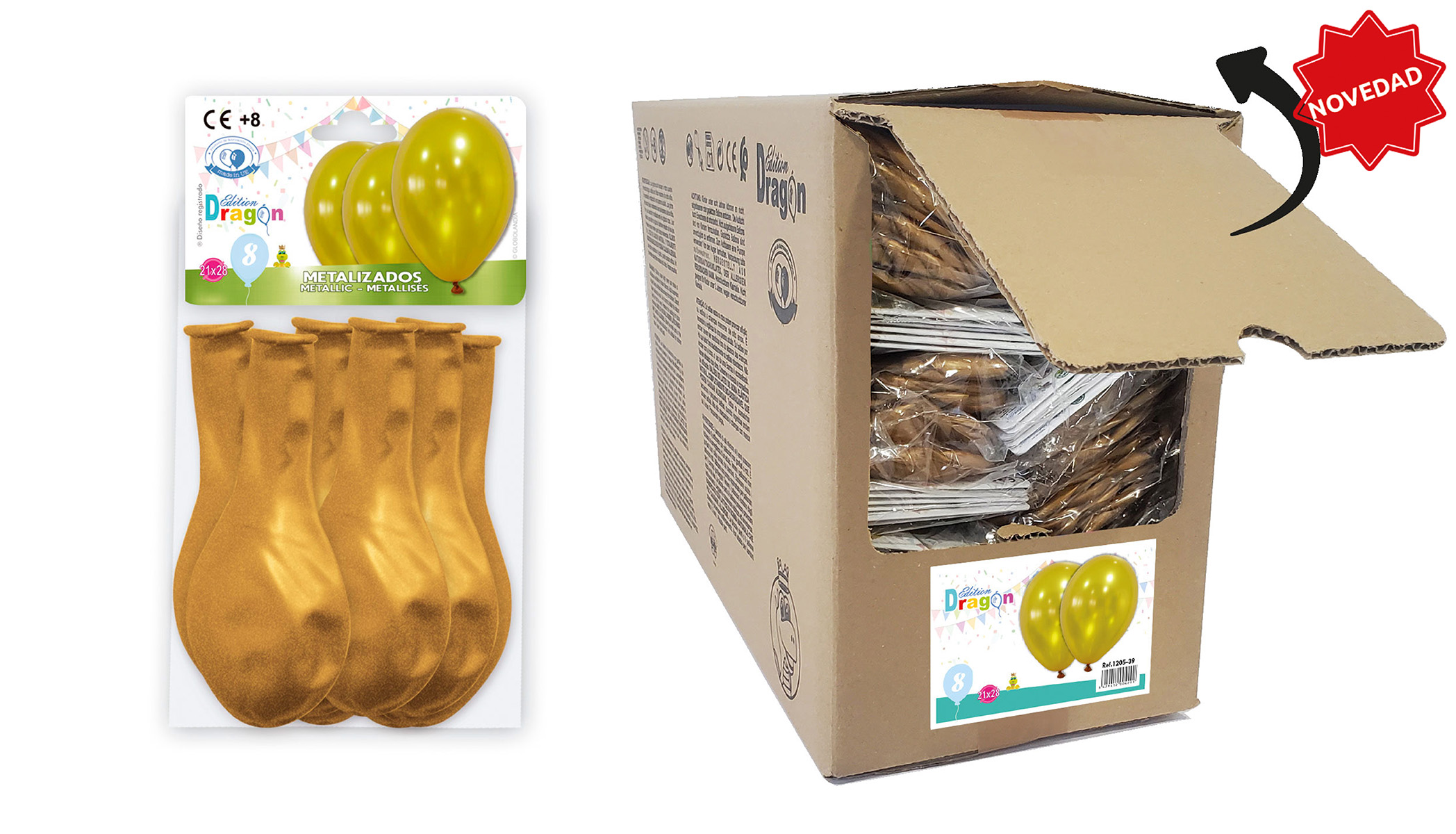 Globos metalizados oro 10" – bolsa de 8 en caja abre fácil