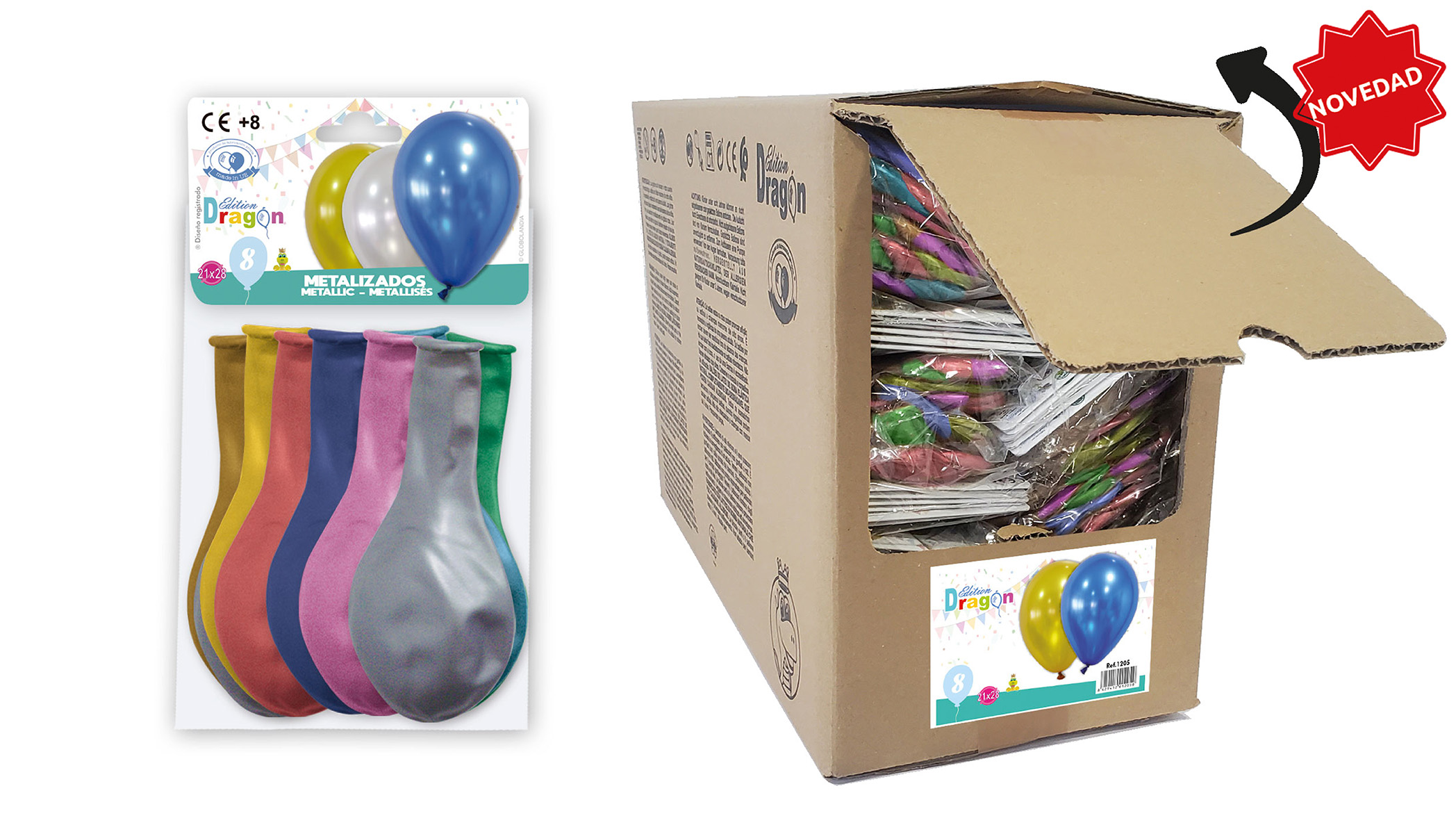 Globos metalizados surtidos 21x28, bolsa de 8 en caja expositora abrefácil