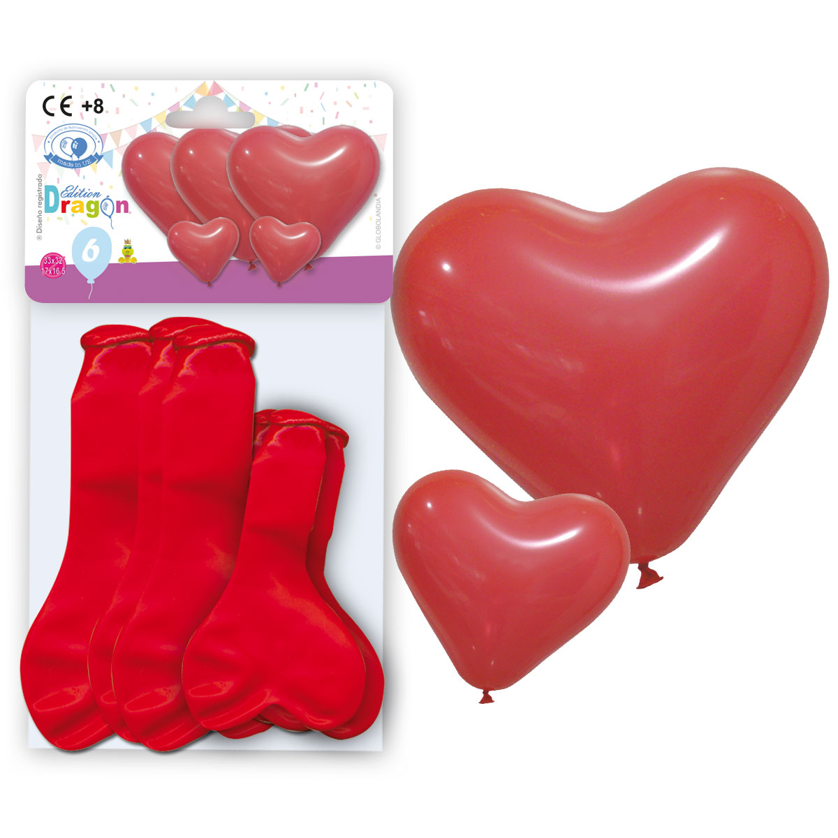 Globos de látex corazón rojo en dos tamaños, bolsa con solapa de 6 uds