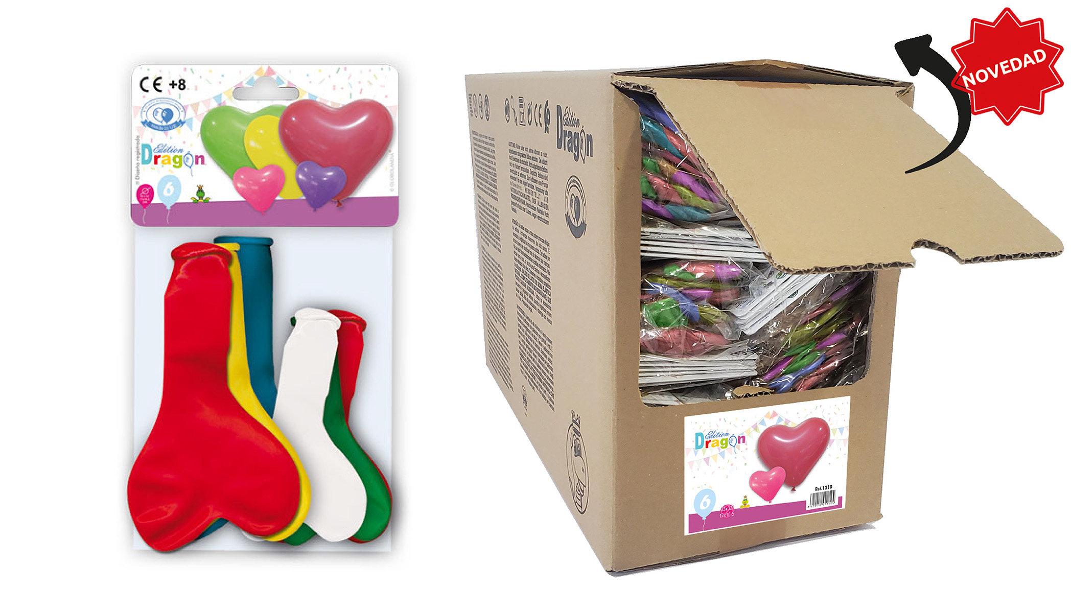 Globos corazón látex 28 cm colores surtidos - bolsa de 6 en caja abrefácil