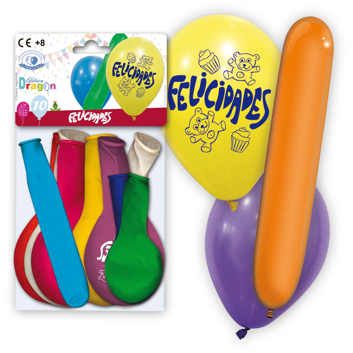 Bolsa 10 globos surtidos impresos "Felicidades"