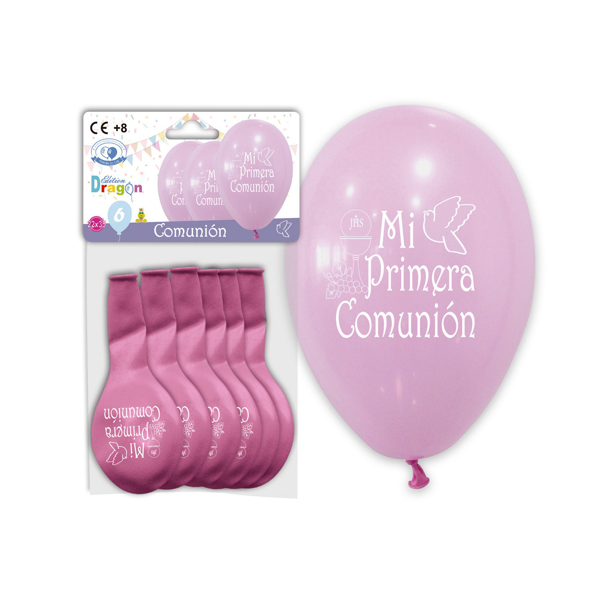 Globos látex rosa "Mi Primera Comunión" con impresión blanca – bolsa de 6