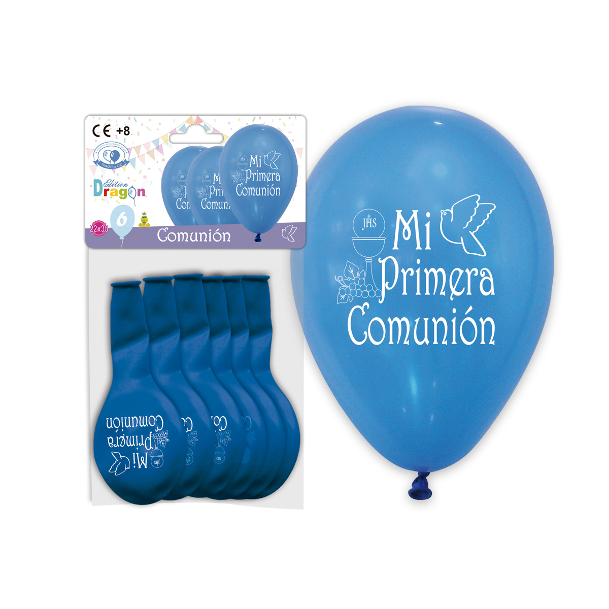 Globos látex 10" azul "Mi Primera Comunión" - Bolsa de 6