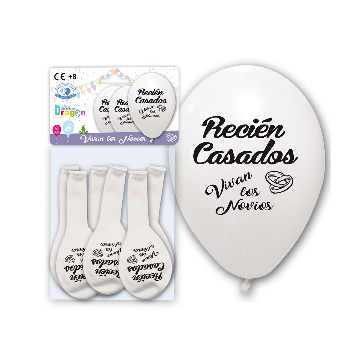 Bolsa 6 globos blancos impresos «Recién Casados, Vivan los Novios» 22x26 cm