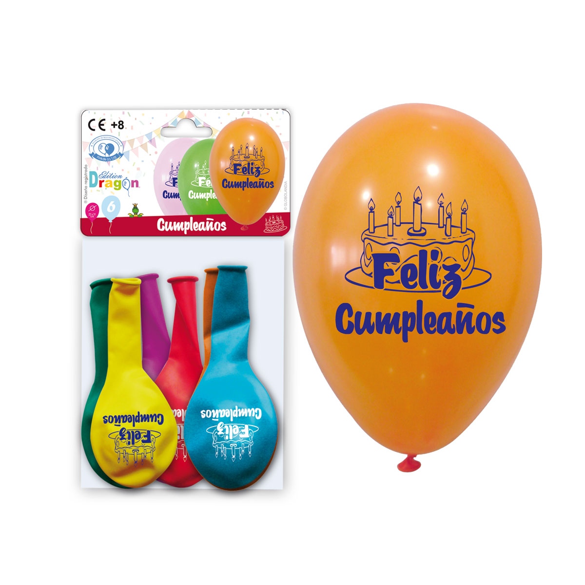 Globos impresos «Feliz Cumpleaños» con tarta 10" colores surtidos - solapa 6 uds