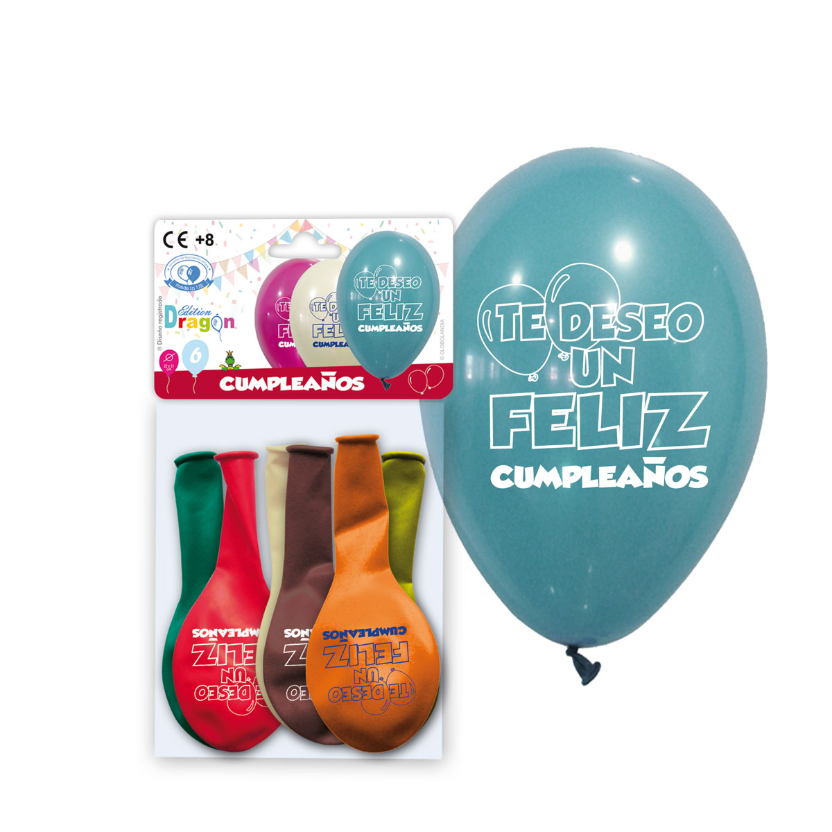 Blíster 6 globos impresos «Te deseo un feliz cumpleaños» 10 pulgadas colores surtidos