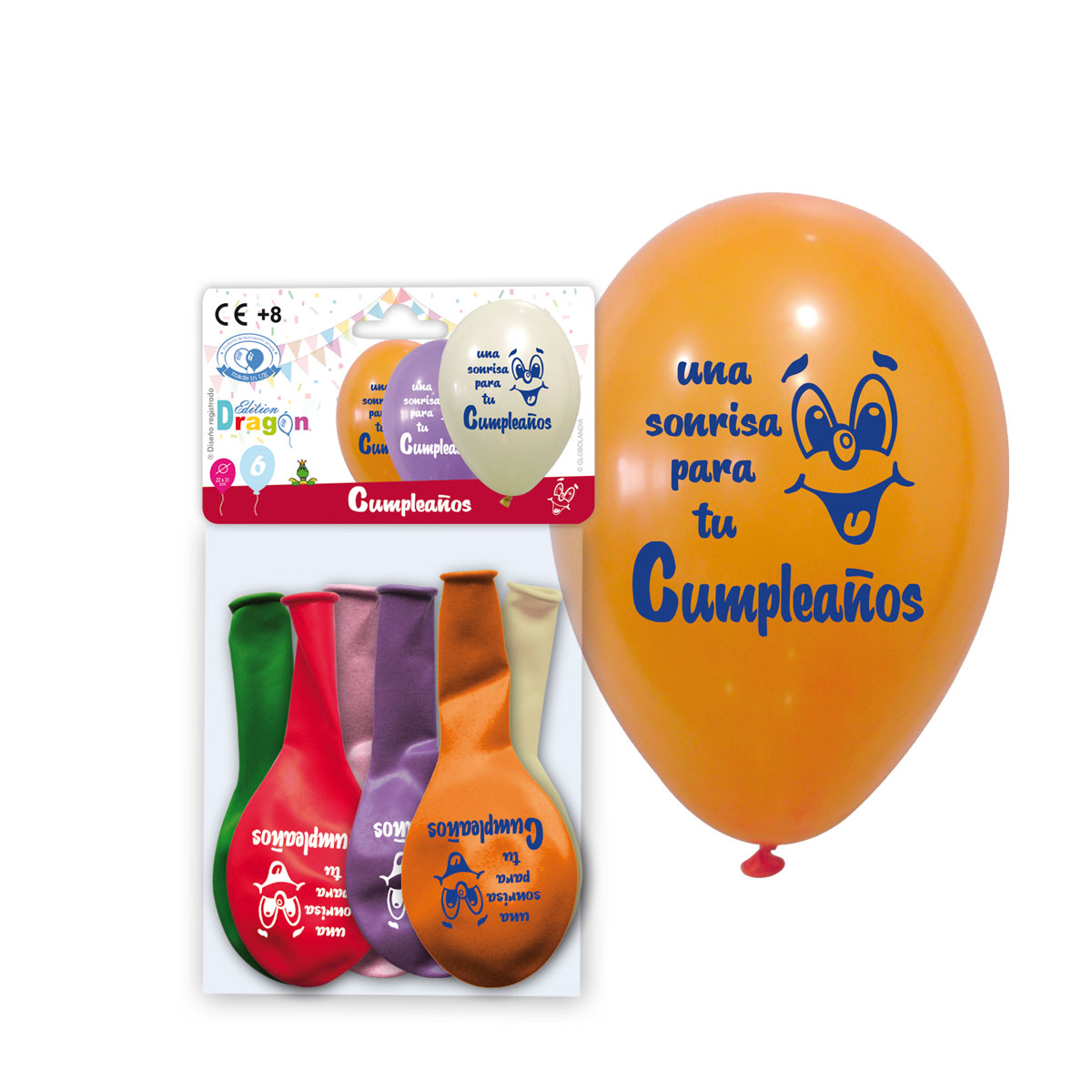 Bolsa Edition Dragon 6 globos 10" impresos Feliz Cumpleaños con sonrisa