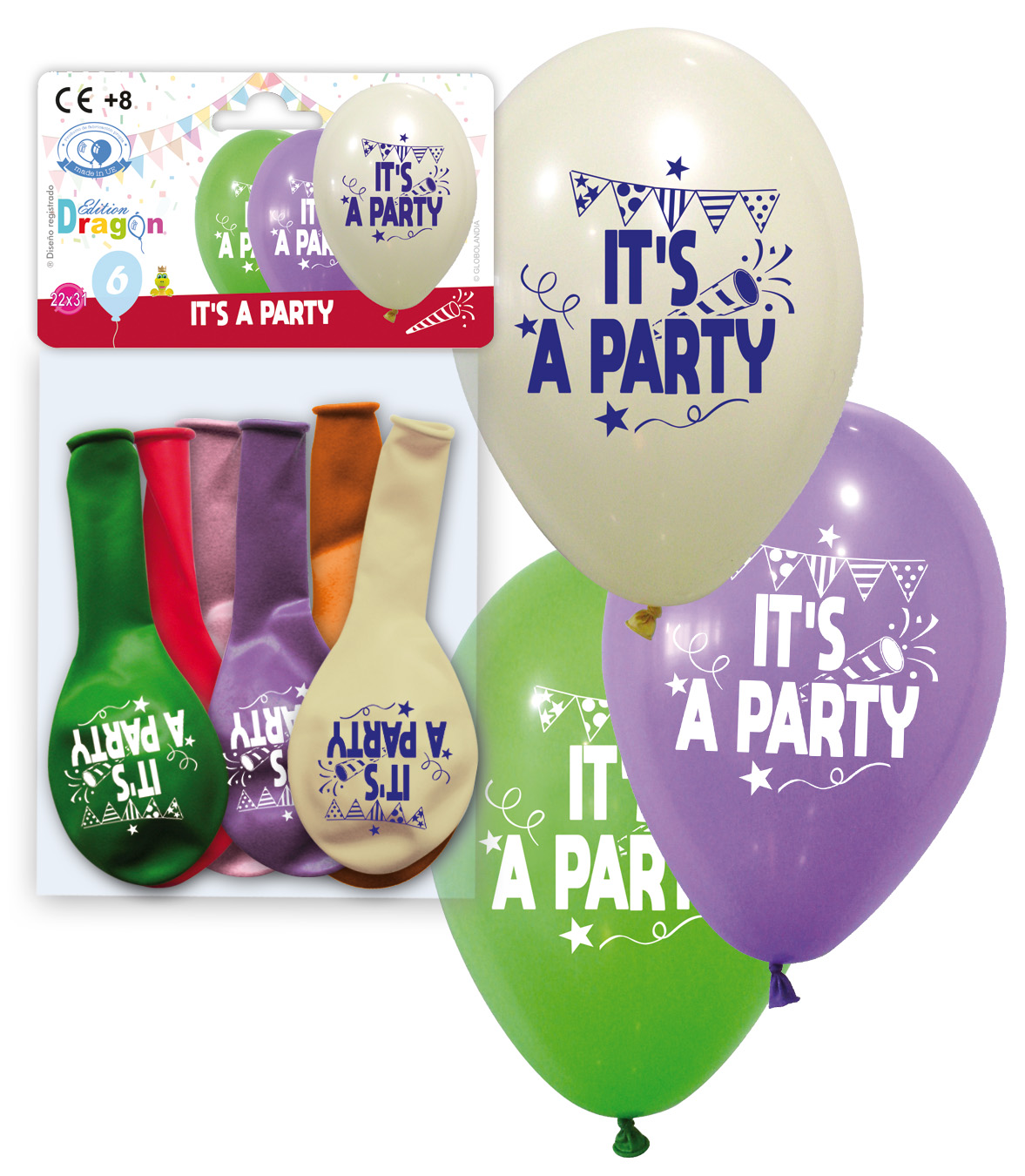 Bolsa 6 globos látex 22x31 cm impresos "It's a Party" surtido de colores