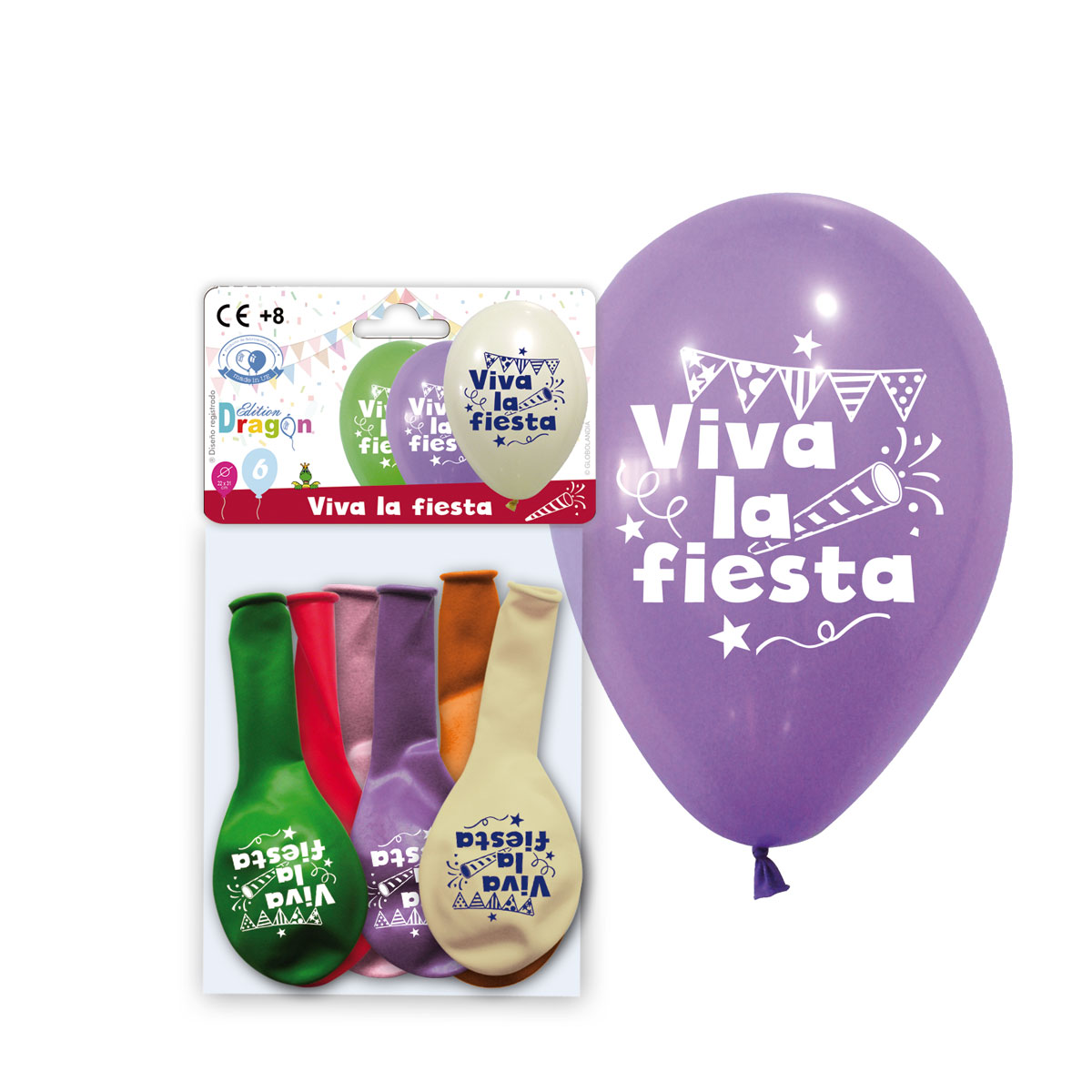 Bolsa con solapa 6 globos 10" impresos Viva la Fiesta, colores surtidos