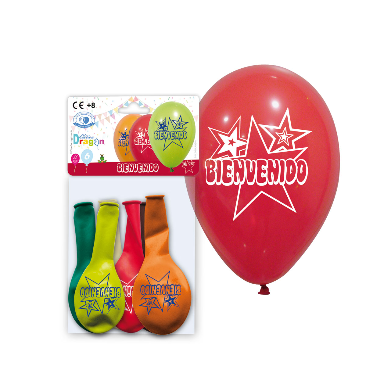 Globos impresos «Bienvenido» 10" colores surtidos – blíster 6 unidades (Edition Dragon)