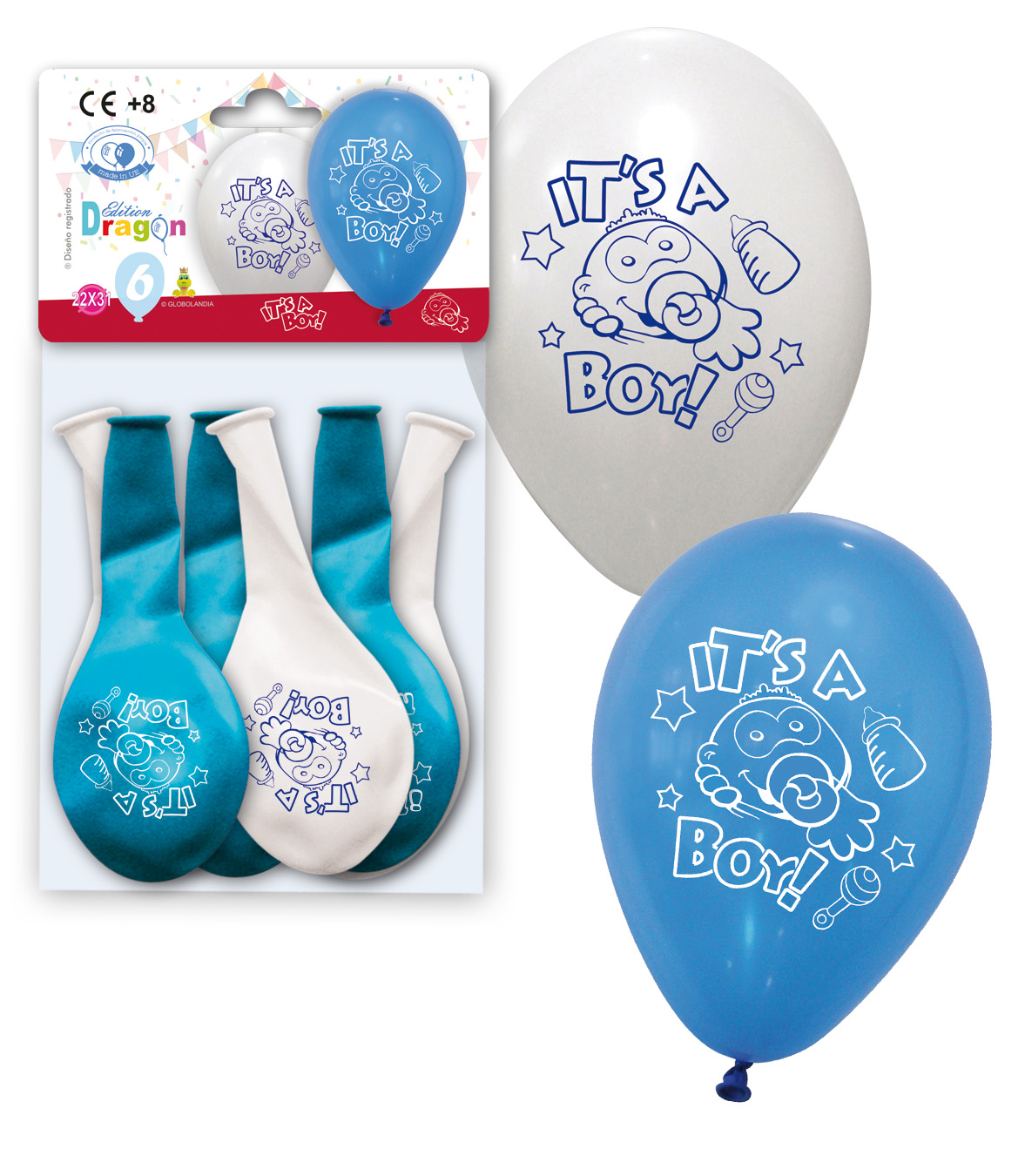 Globos 10" impresos It's a Boy azul y blanco - Blíster 6 uds